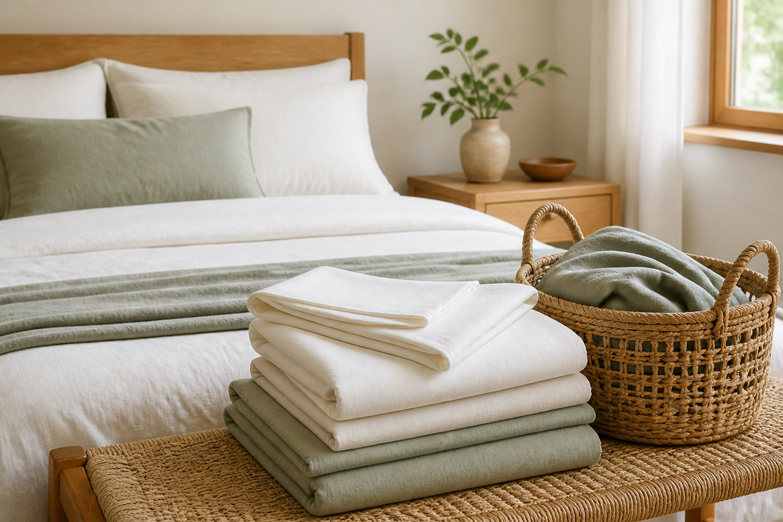 Fresh bedding folded beside a neatly made bed in a calm bedroom