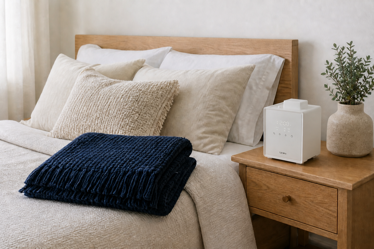 A navy throw and a Livatro humidifier arranged in a calm neutral bedroom
