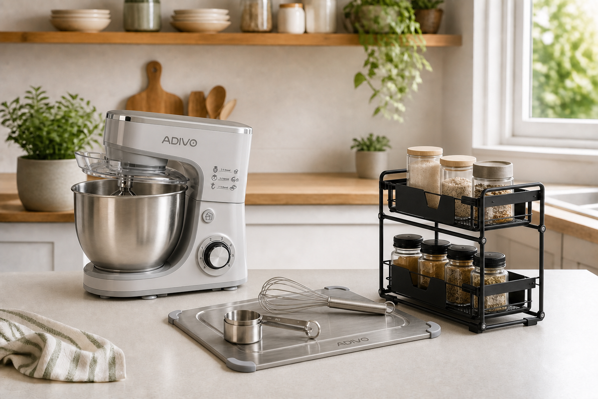 A grey Adivo stand mixer, black two-tier organiser and titanium cutting board on a bright kitchen bench