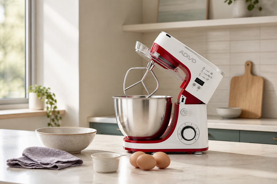 Red Adivo stand mixer on a kitchen bench prepared for home baking