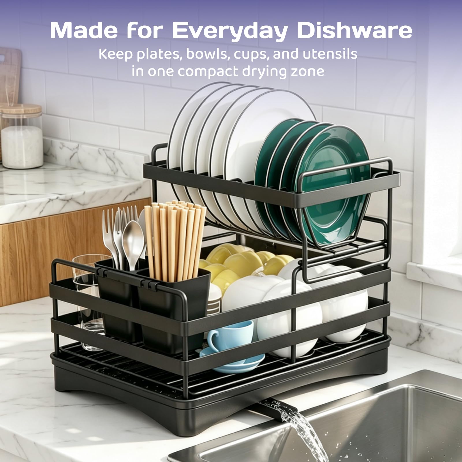 Adivo 2-Tier Dish Drying Rack – Black, view 5