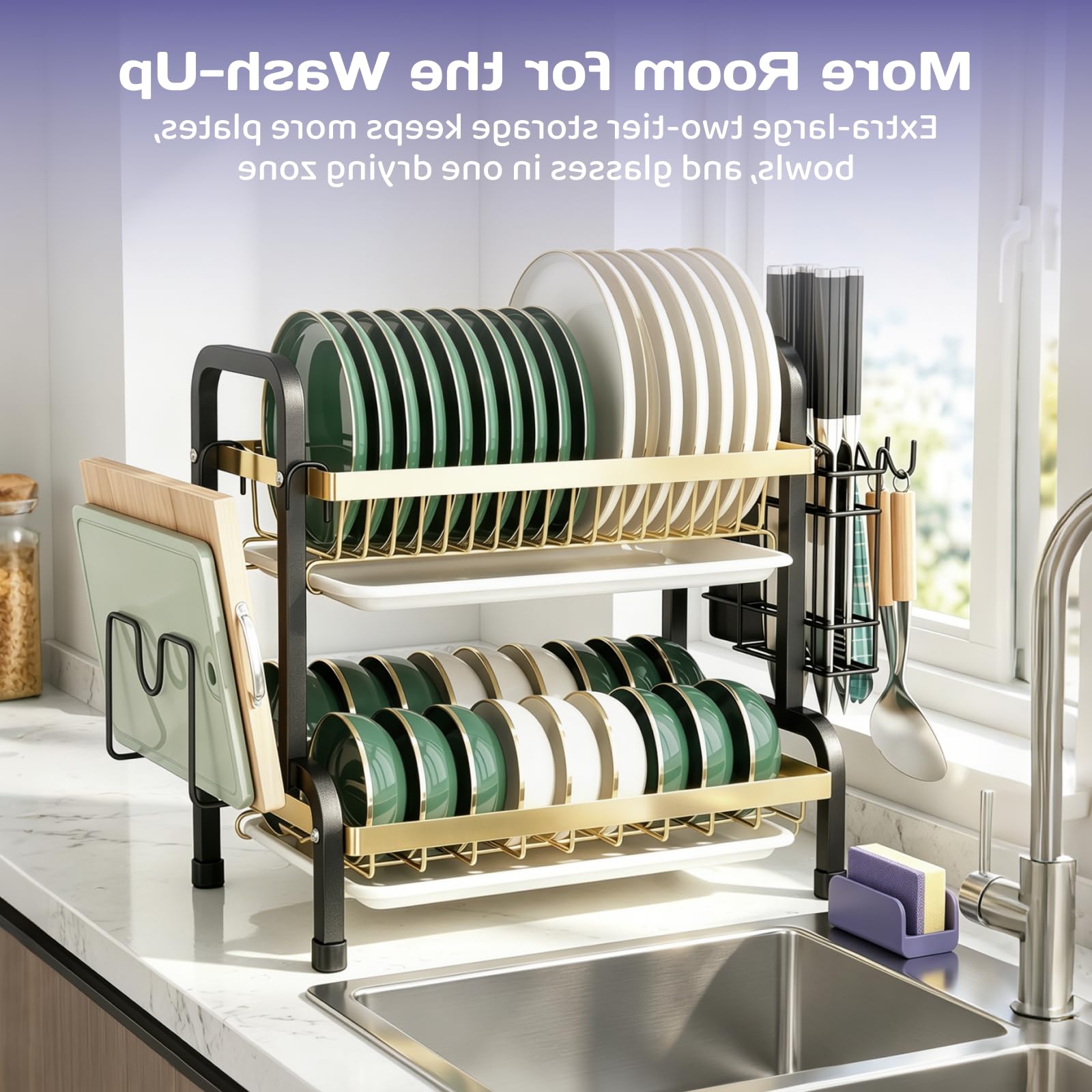 Adivo 2-Tier Dish Drying Rack – Black & Gold, view 2