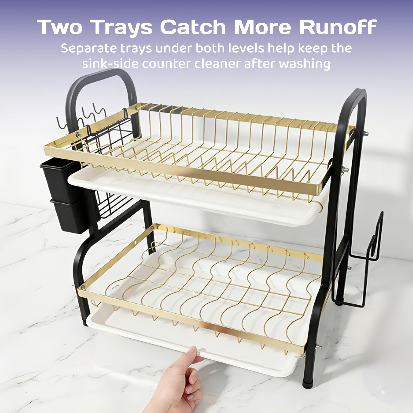 Adivo 2-Tier Dish Drying Rack – Black & Gold, view 3