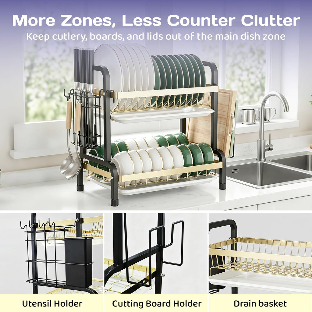 Adivo 2-Tier Dish Drying Rack – Black & Gold, view 4