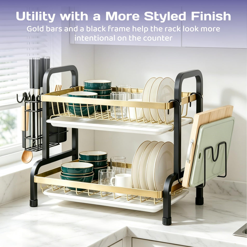 Adivo 2-Tier Dish Drying Rack – Black & Gold, view 5
