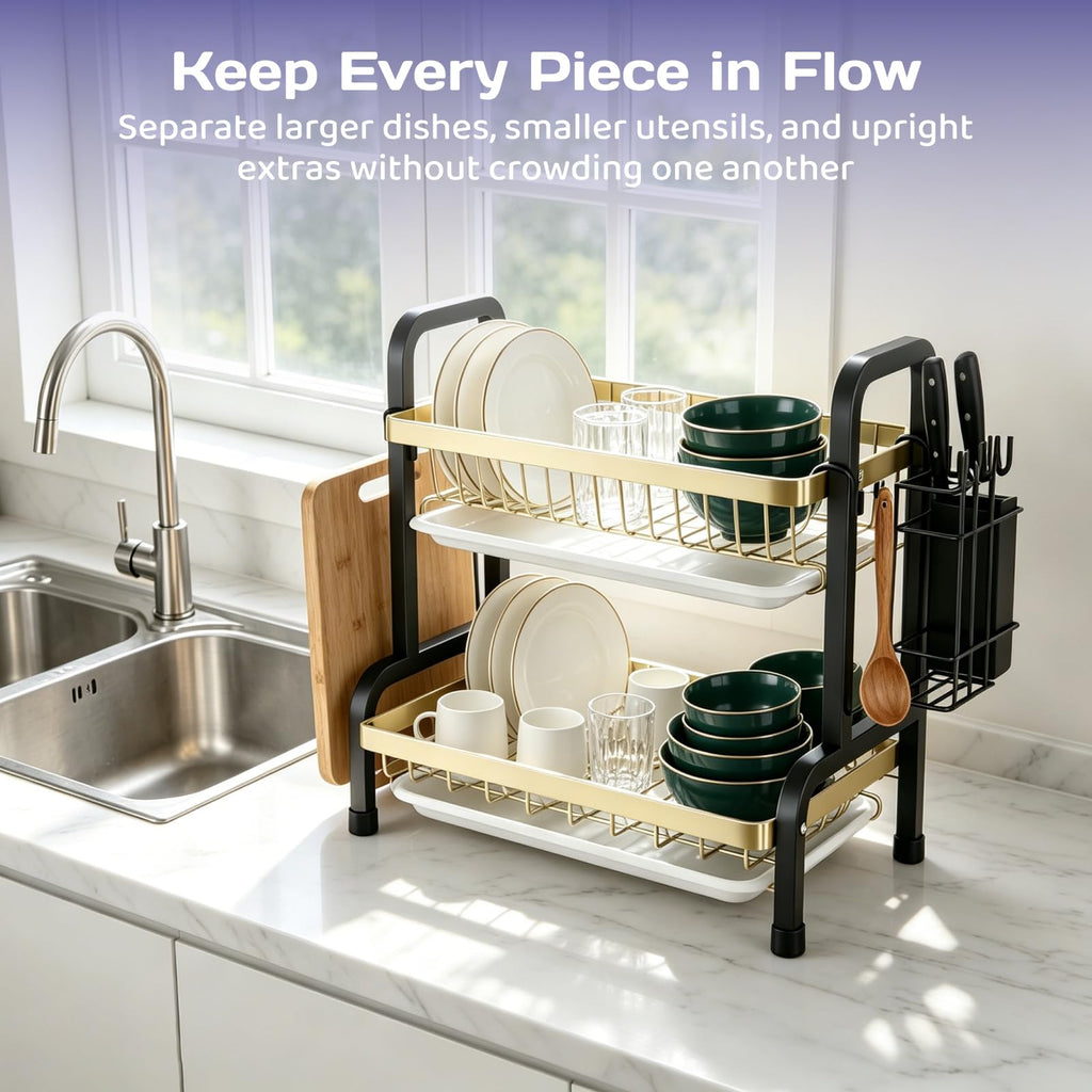Adivo 2-Tier Dish Drying Rack – Black & Gold, view 6