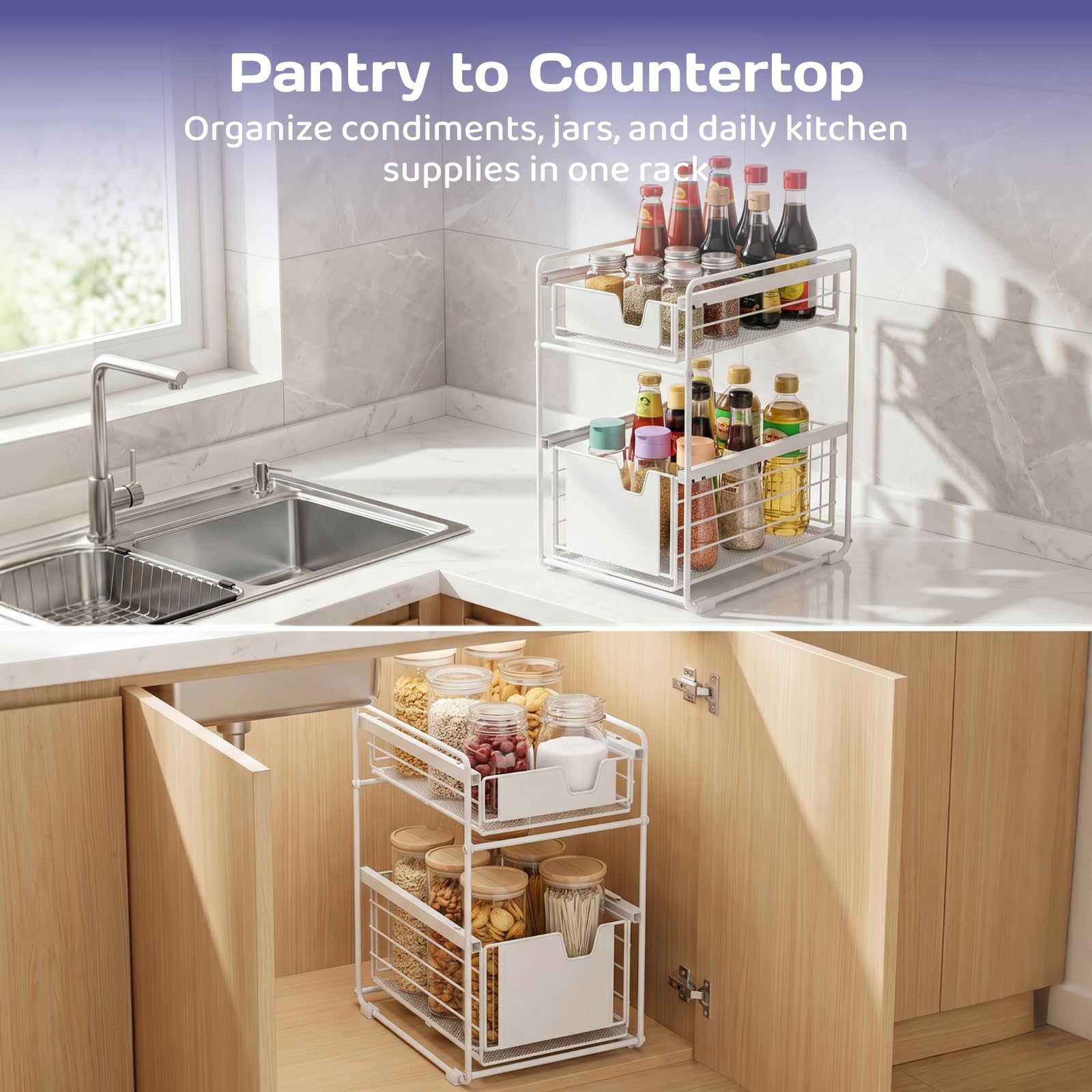 Adivo 2-Tier Sliding Drawer Organiser – White, view 6