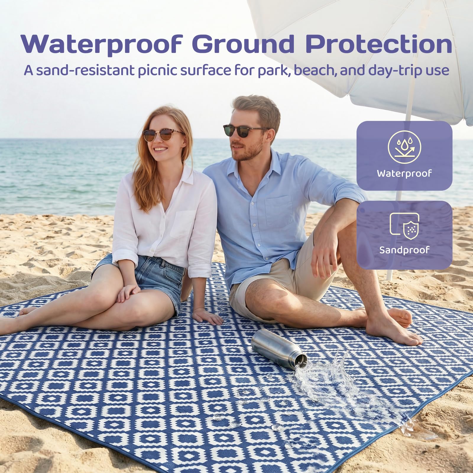 Adivo waterproof geometric picnic blanket – Blue Geometric, 150 × 200 cm, view 2