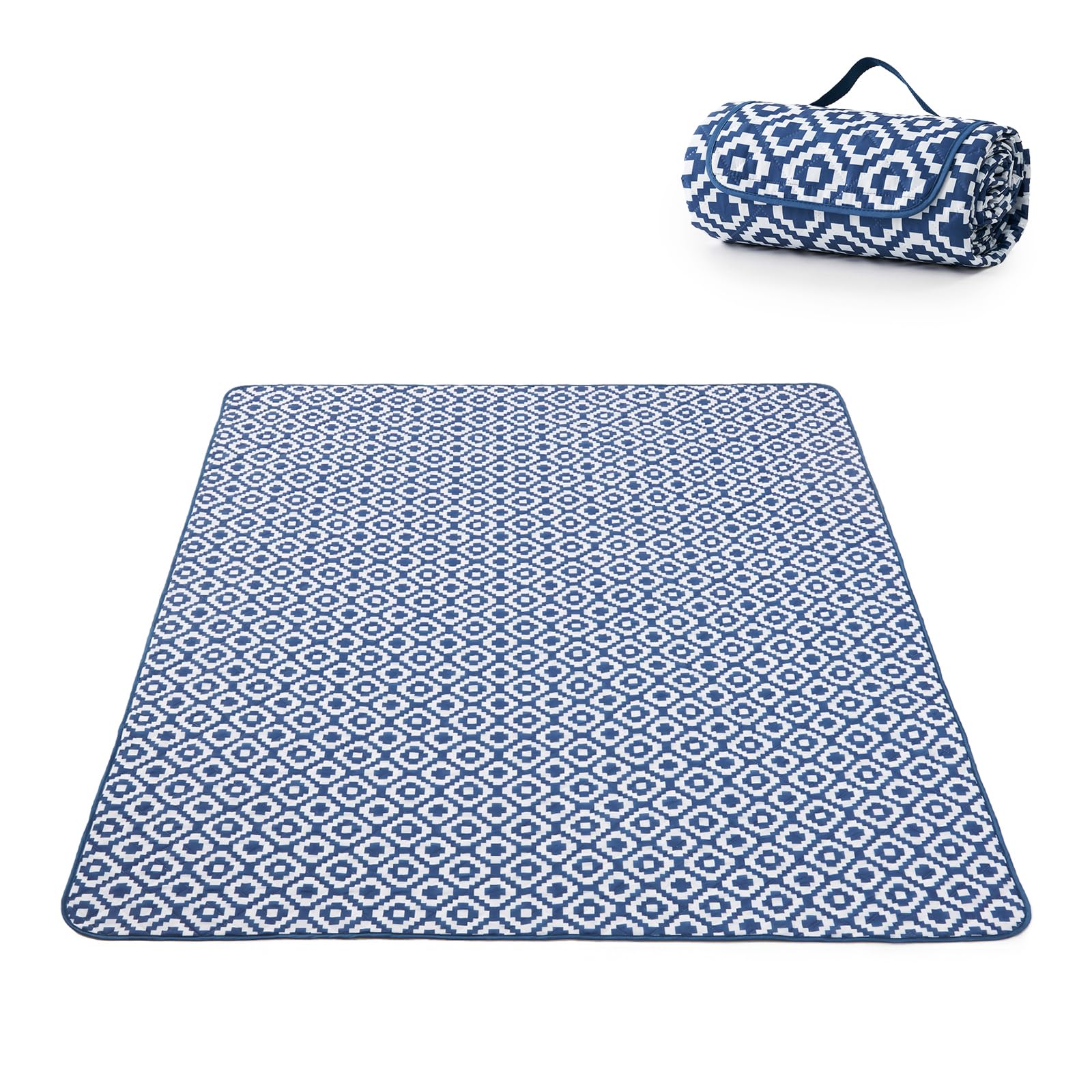 Adivo waterproof geometric picnic blanket – Blue Geometric, 200 × 200 cm