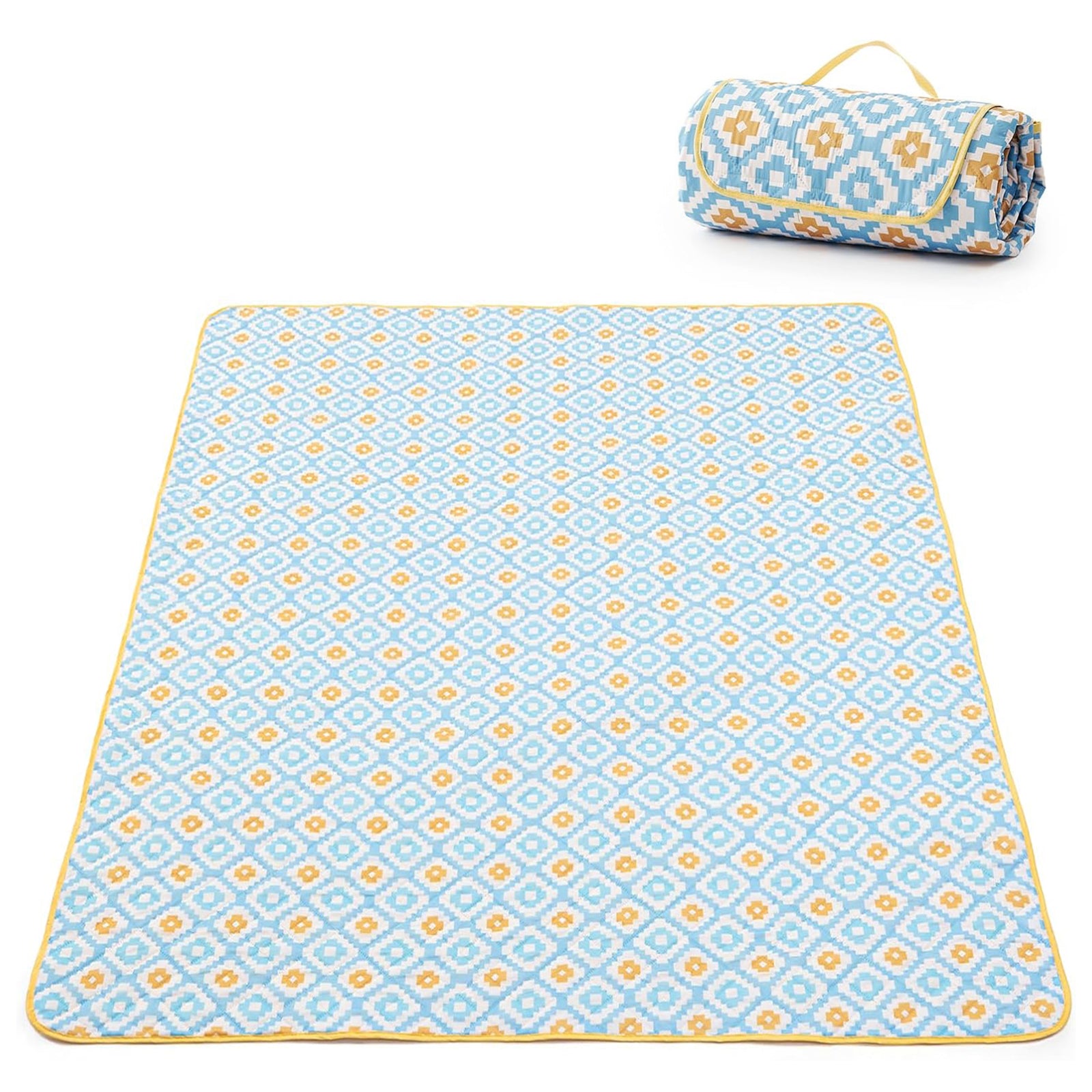 Adivo waterproof geometric picnic blanket – Blue & Yellow Geometric, 150 × 200 cm