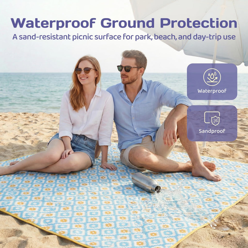 Adivo waterproof geometric picnic blanket – Blue & Yellow Geometric, 200 × 200 cm, view 2