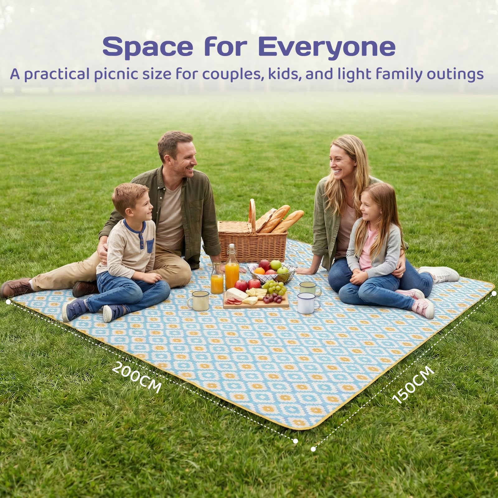 Adivo waterproof geometric picnic blanket – Blue & Yellow Geometric, 200 × 200 cm, view 3
