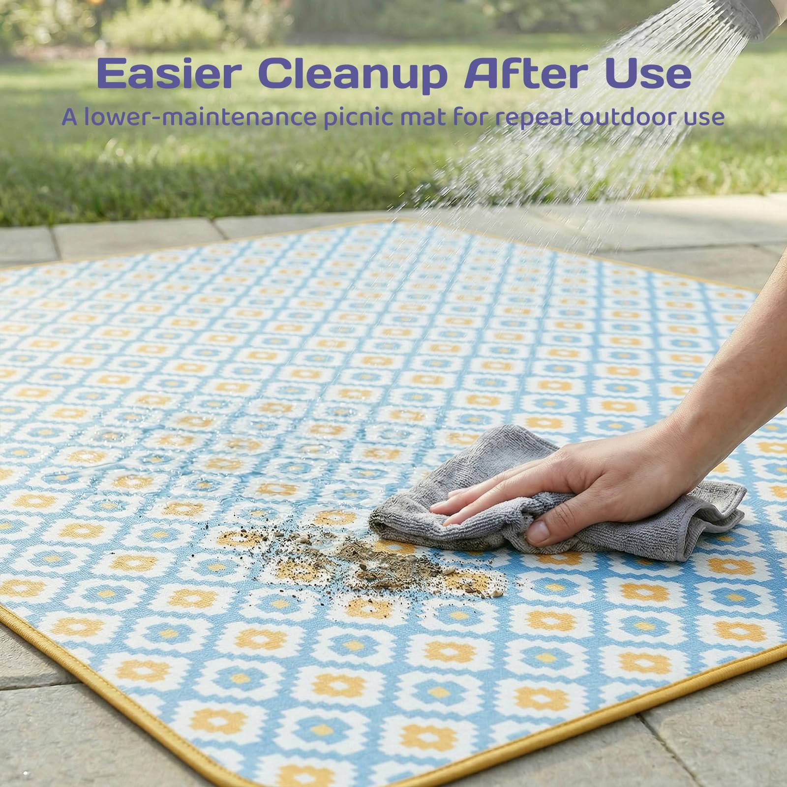 Adivo waterproof geometric picnic blanket – Blue & Yellow Geometric, 200 × 200 cm, view 5