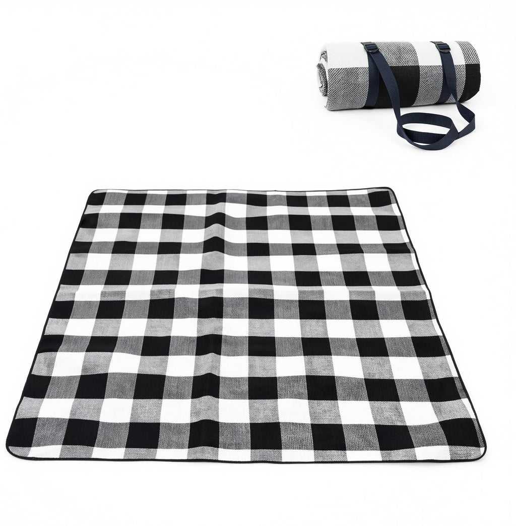 Adivo waterproof tartan picnic blanket – Black & Grey Tartan, 150 × 200 cm