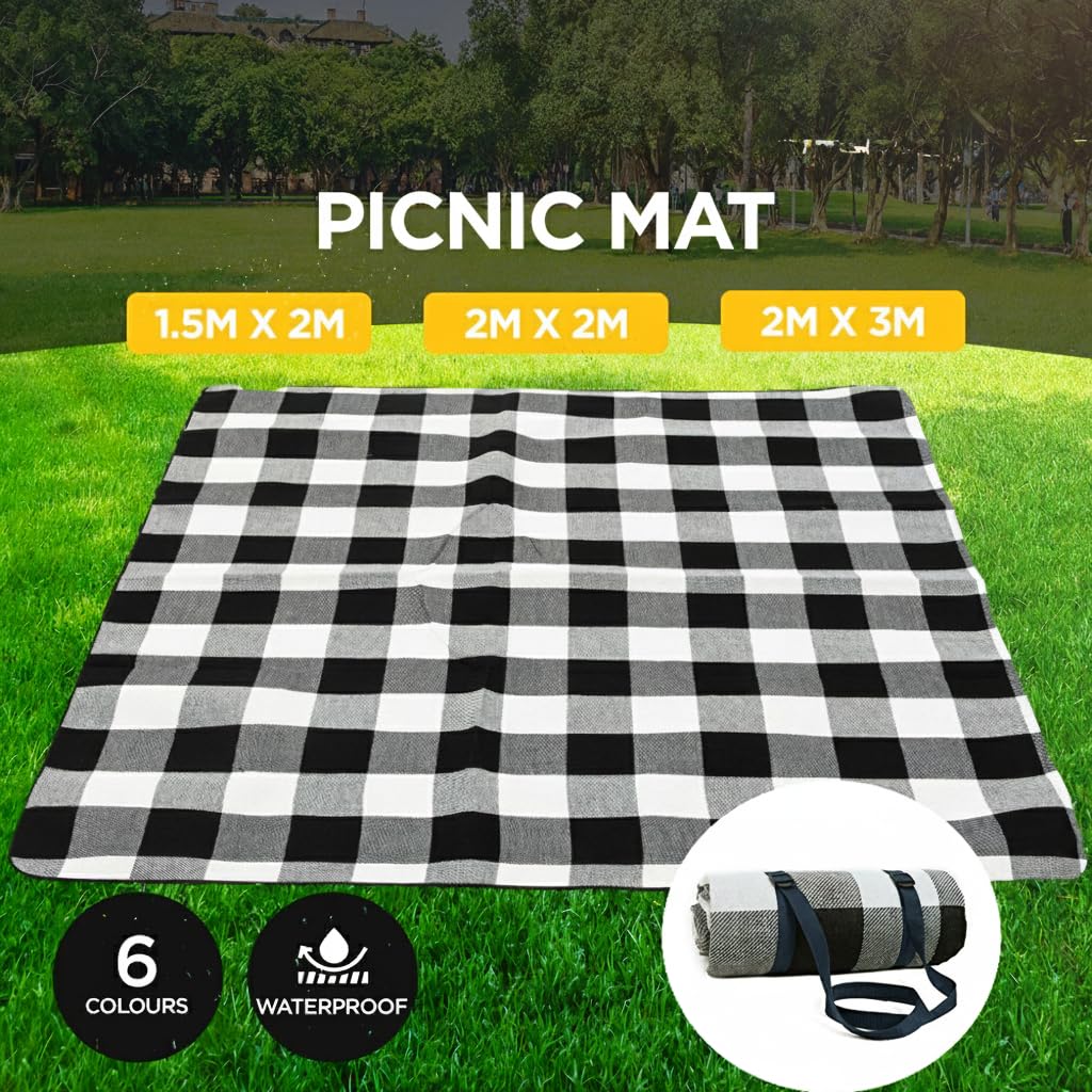 Adivo waterproof tartan picnic blanket – Black & Grey Tartan, 150 × 200 cm, view 6