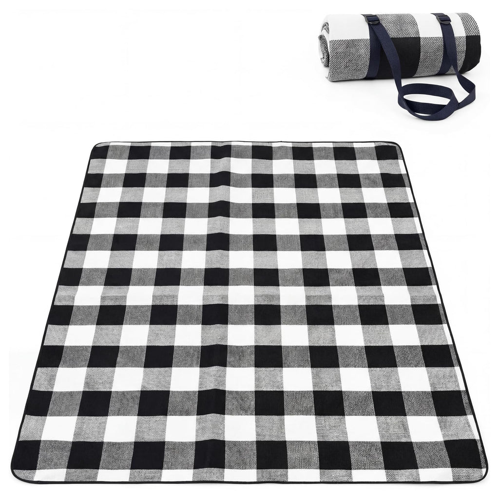 Adivo waterproof tartan picnic blanket – Black & Grey Tartan, 200 × 200 cm