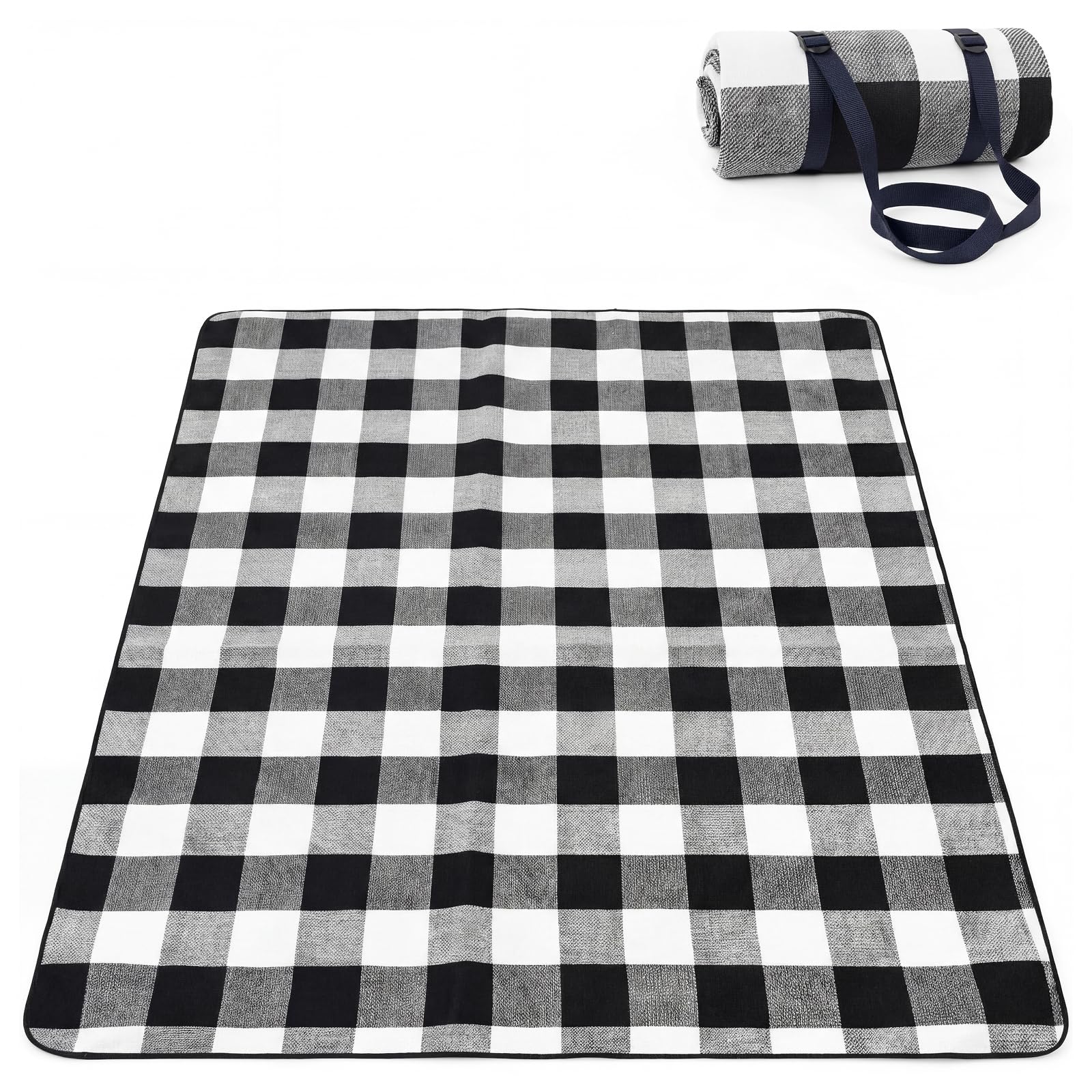 Adivo waterproof tartan picnic blanket – Black & Grey Tartan, 200 × 200 cm