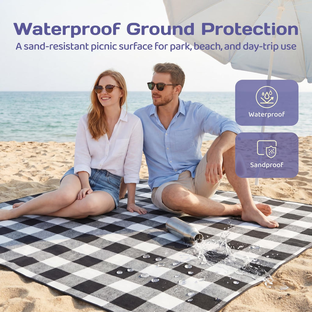 Adivo waterproof tartan picnic blanket – Black & Grey Tartan, 200 × 200 cm, view 2
