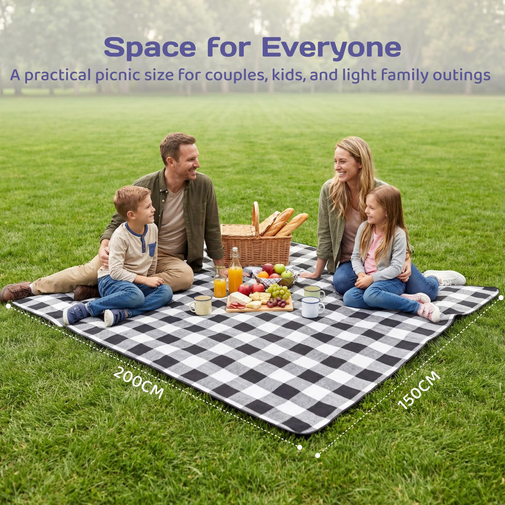 Adivo waterproof tartan picnic blanket – Black & Grey Tartan, 200 × 200 cm, view 3