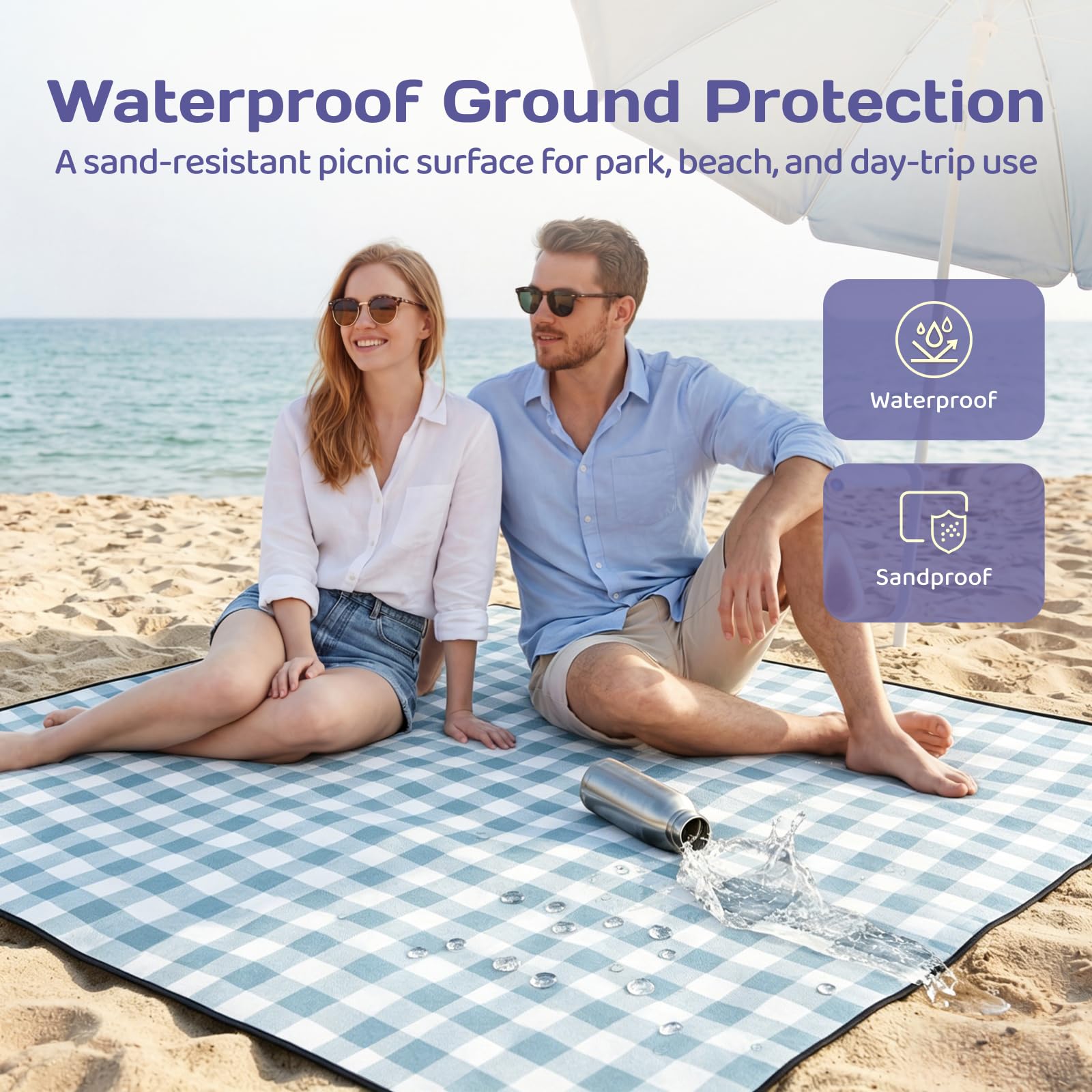 Adivo waterproof tartan picnic blanket – Blue Tartan, 200 × 200 cm, view 2