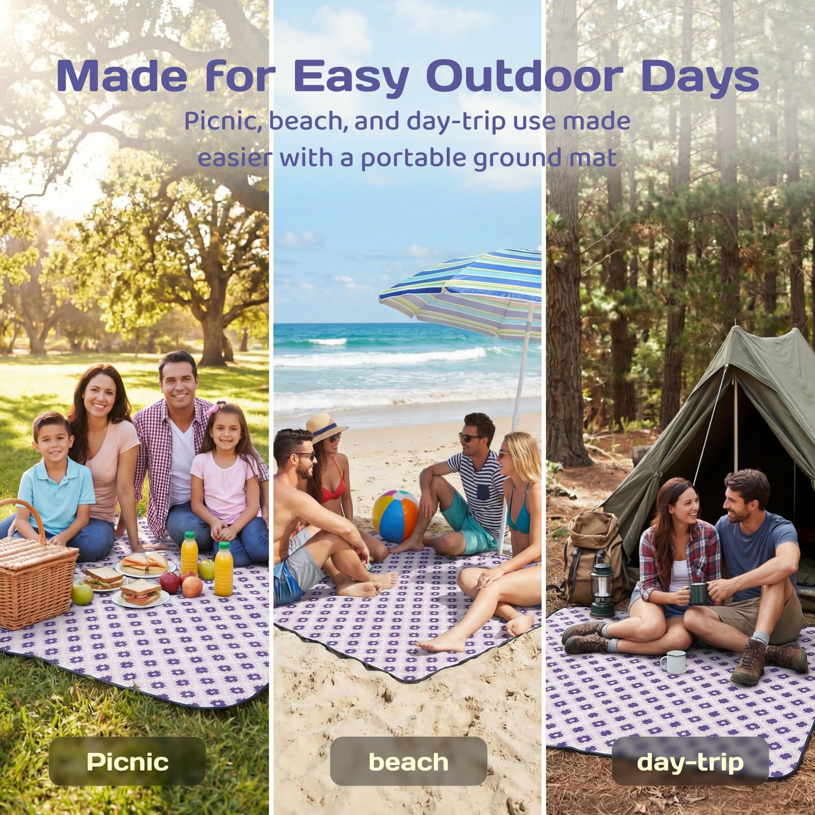 Adivo waterproof geometric picnic blanket – Purple Geometric, 200 × 200 cm, view 6
