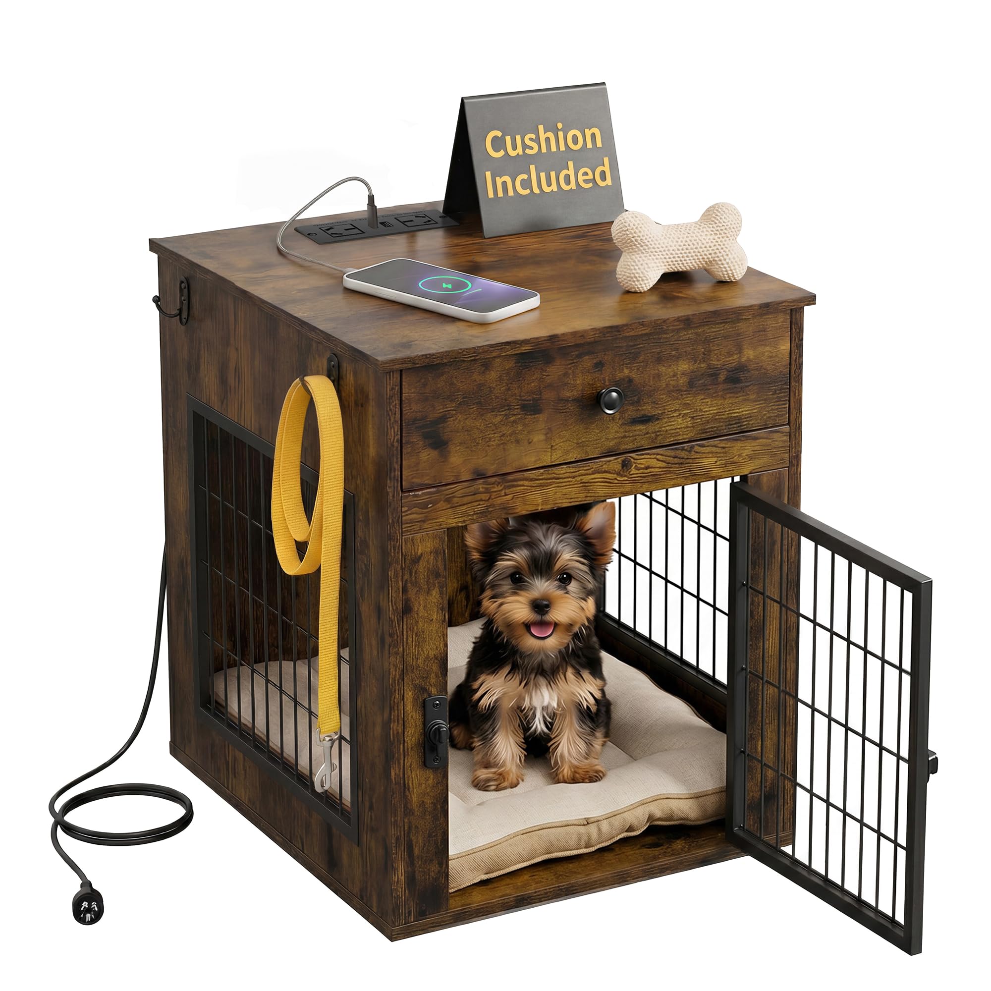 Viviendo Dog Crate End Table with Mat and Charging Station – Brown
