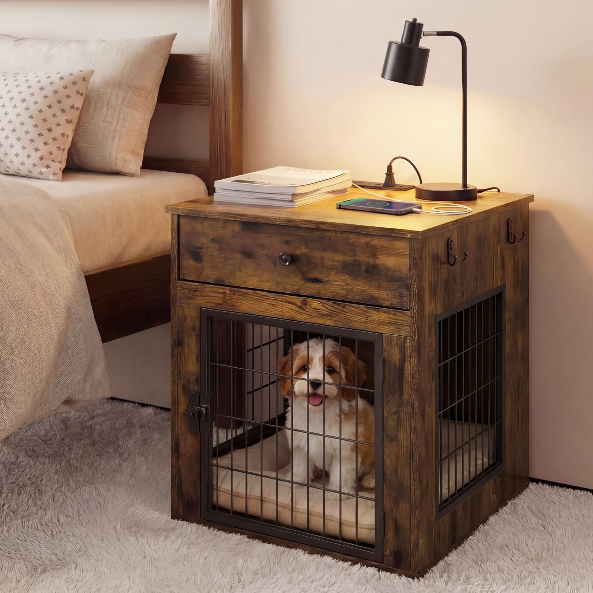 Viviendo Dog Crate End Table with Mat and Charging Station – Brown, view 2