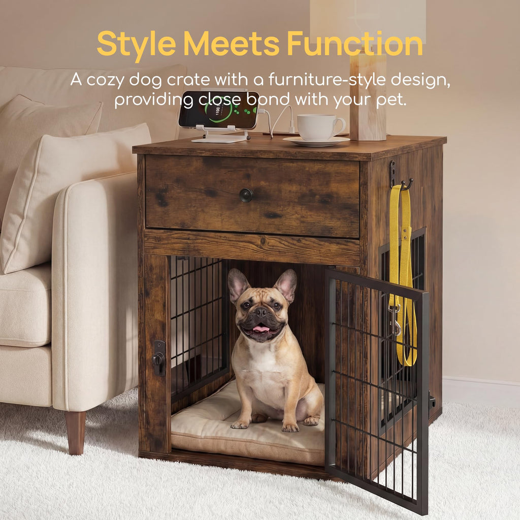 Viviendo Dog Crate End Table with Mat and Charging Station – Brown, view 9