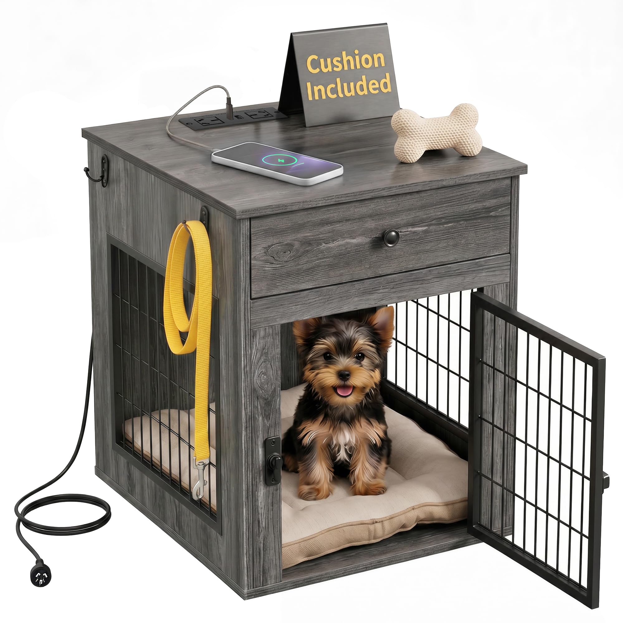 Viviendo Dog Crate End Table with Mat and Charging Station – Grey