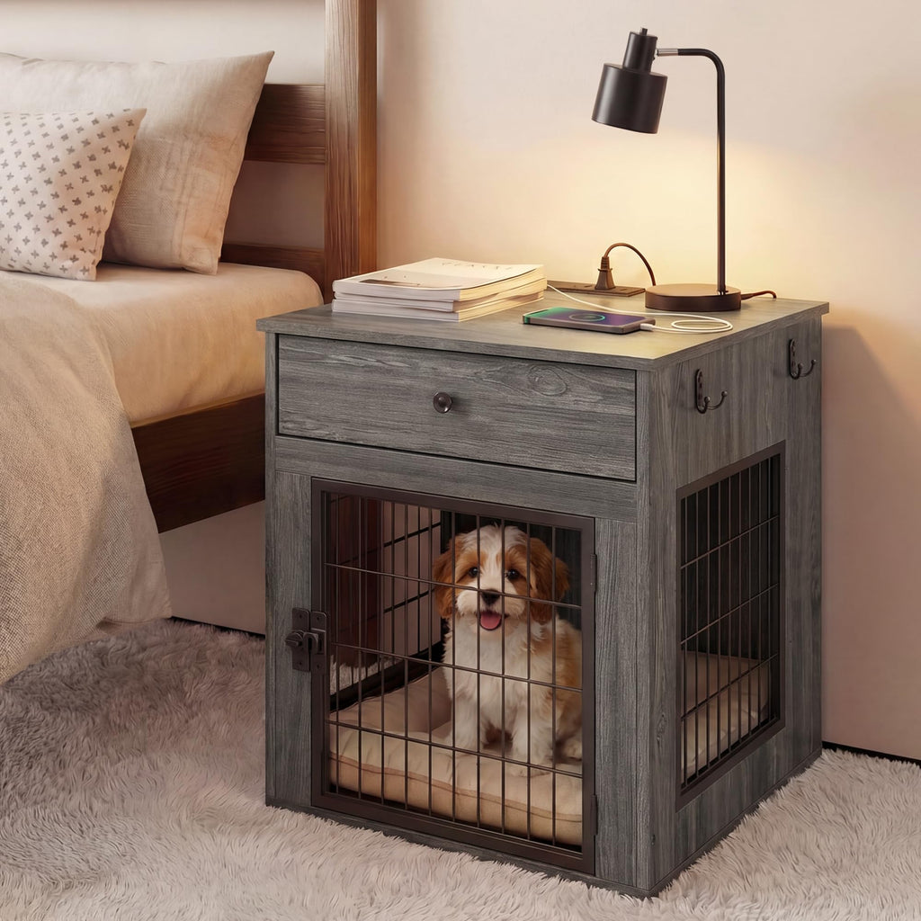 Viviendo Dog Crate End Table with Mat and Charging Station – Grey, view 2