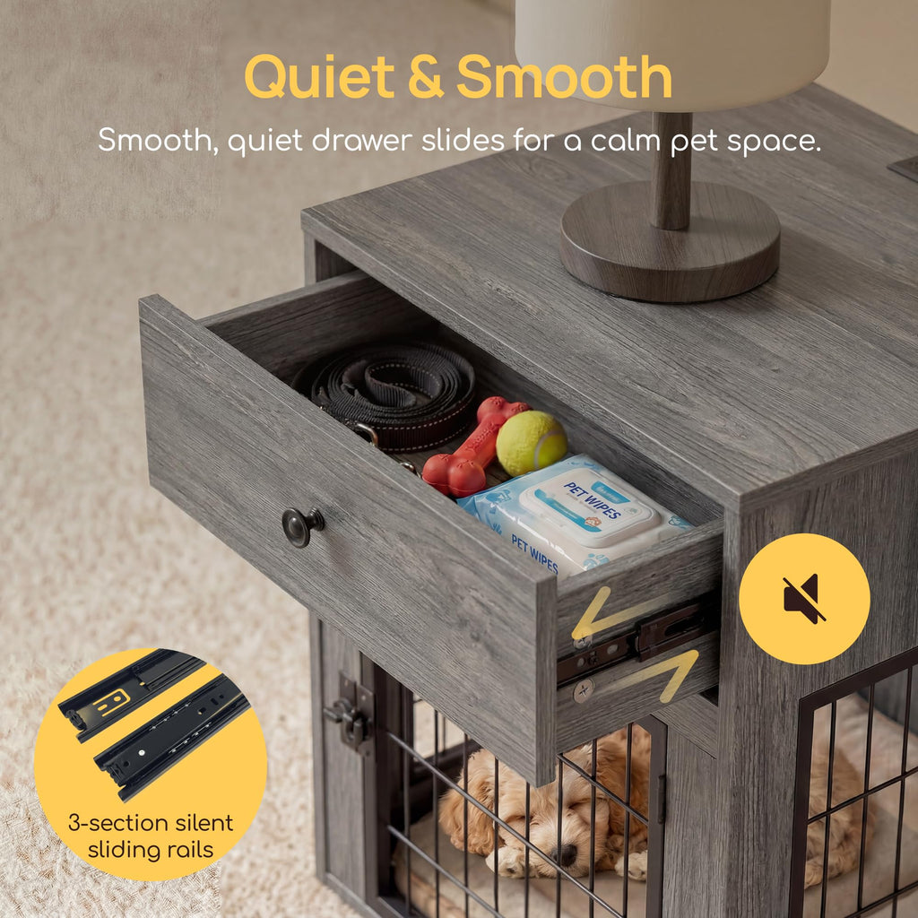Viviendo Dog Crate End Table with Mat and Charging Station – Grey, view 7