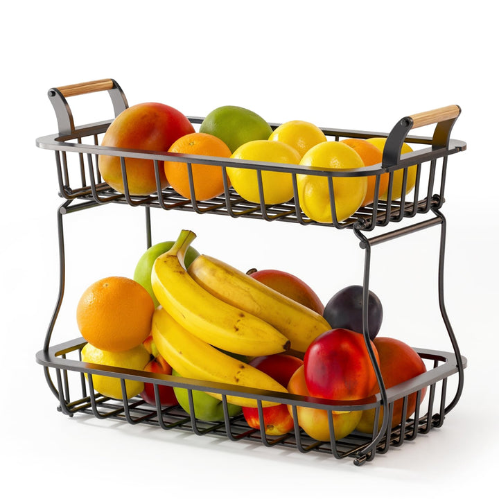 Adivo 2-Tier Metal Fruit Basket with Handle – Black