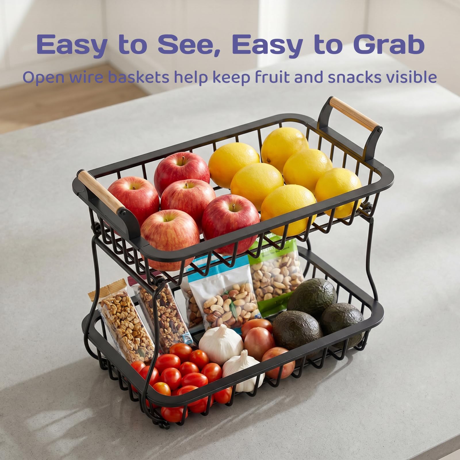 Adivo 2-Tier Metal Fruit Basket with Handle – Black, view 5