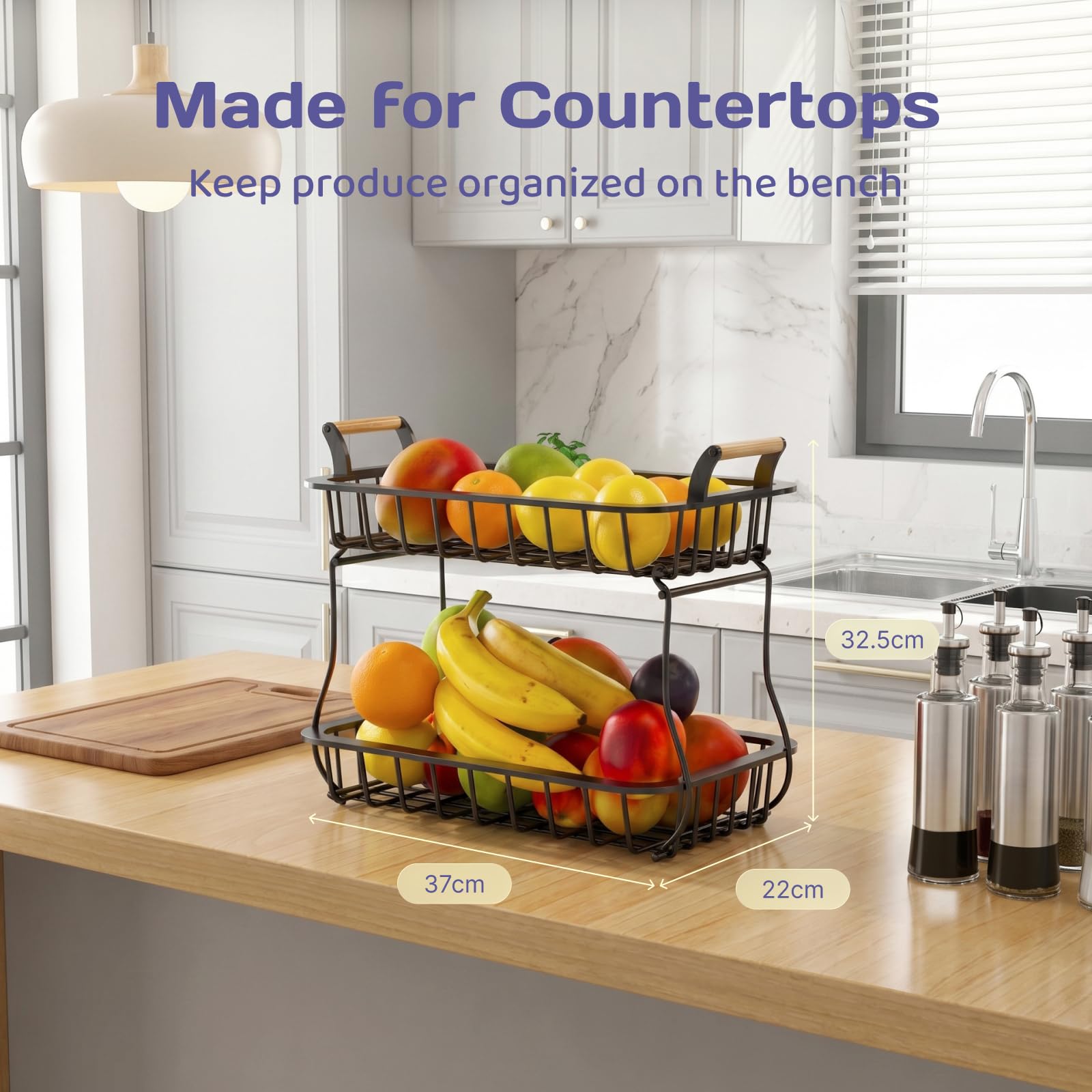 Adivo 2-Tier Metal Fruit Basket with Handle – Black, view 6