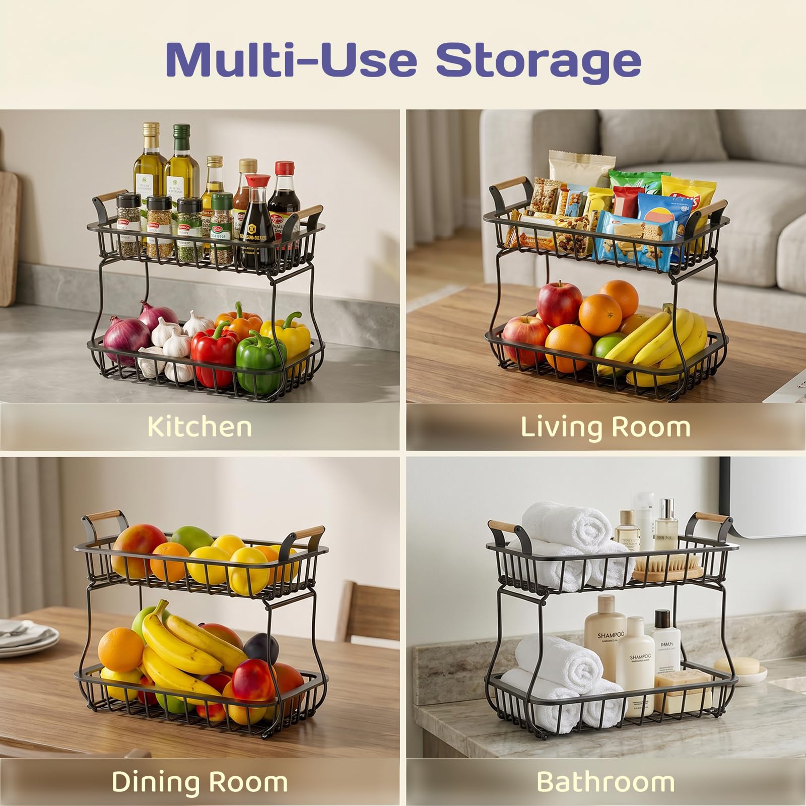 Adivo 2-Tier Metal Fruit Basket with Handle – Black, view 7