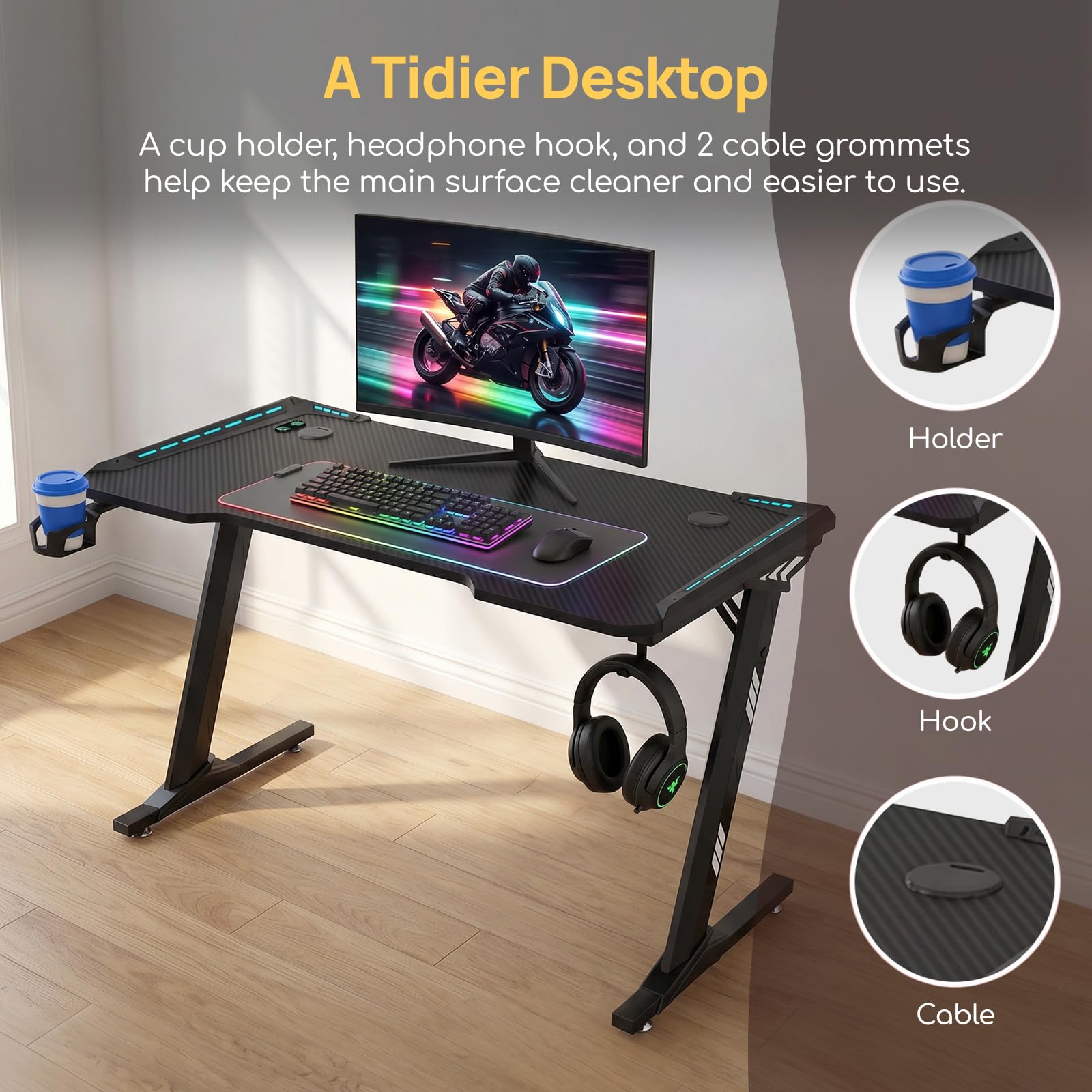 Viviendo RGB Gaming Desk – Black / 140 cm, view 6
