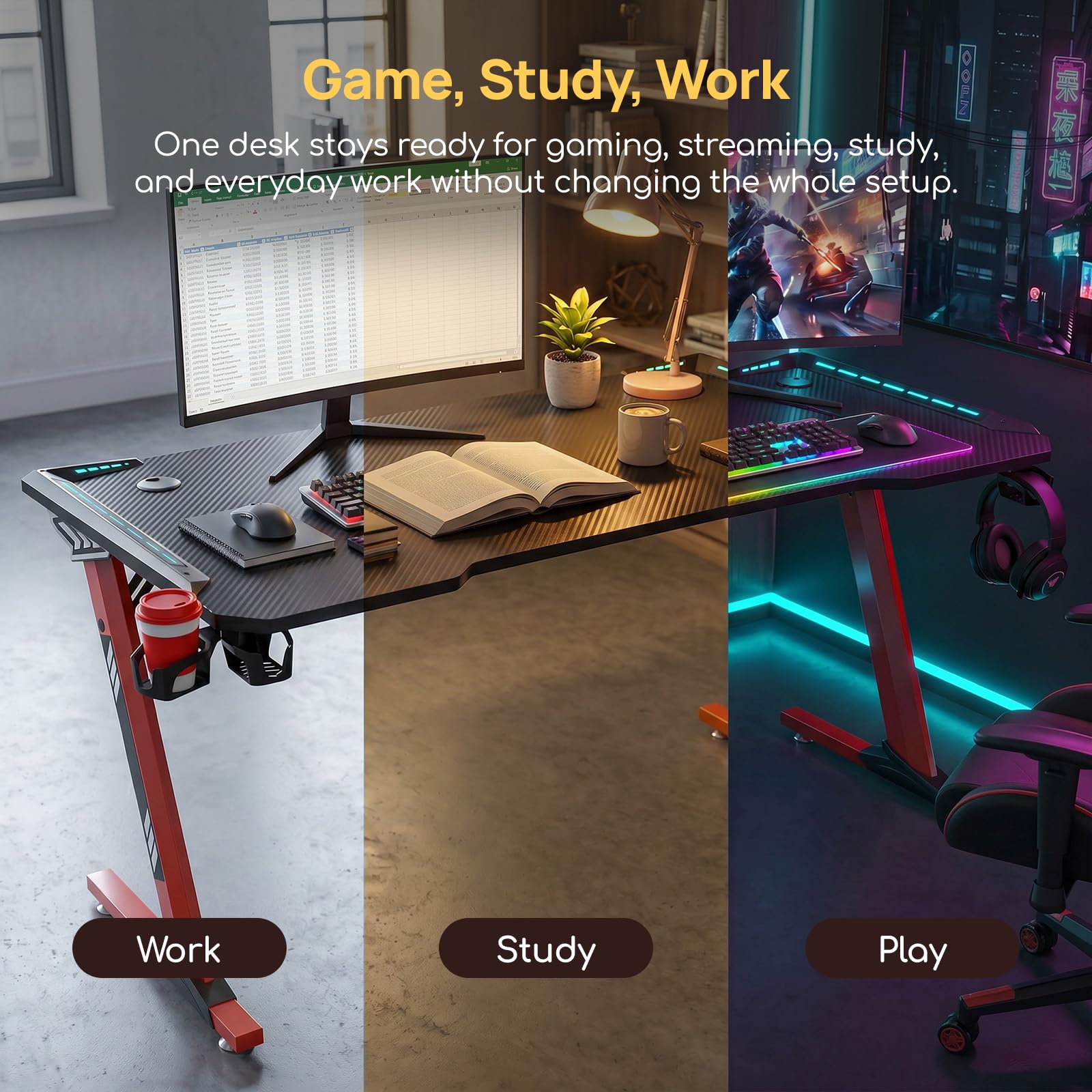 Viviendo RGB Gaming Desk – Red / 120 cm, view 8