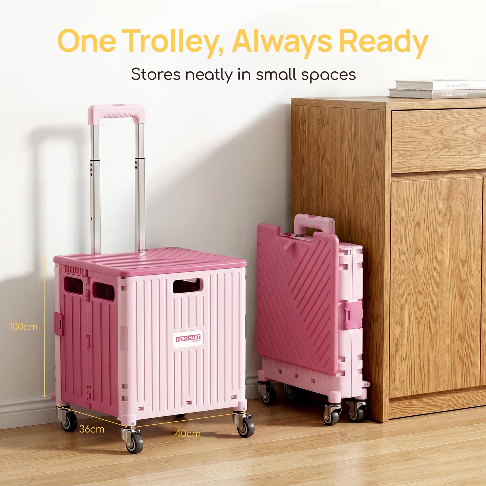 Viviendo 65 L Foldable Shopping Trolley with Sliding Lid – Pink, view 8