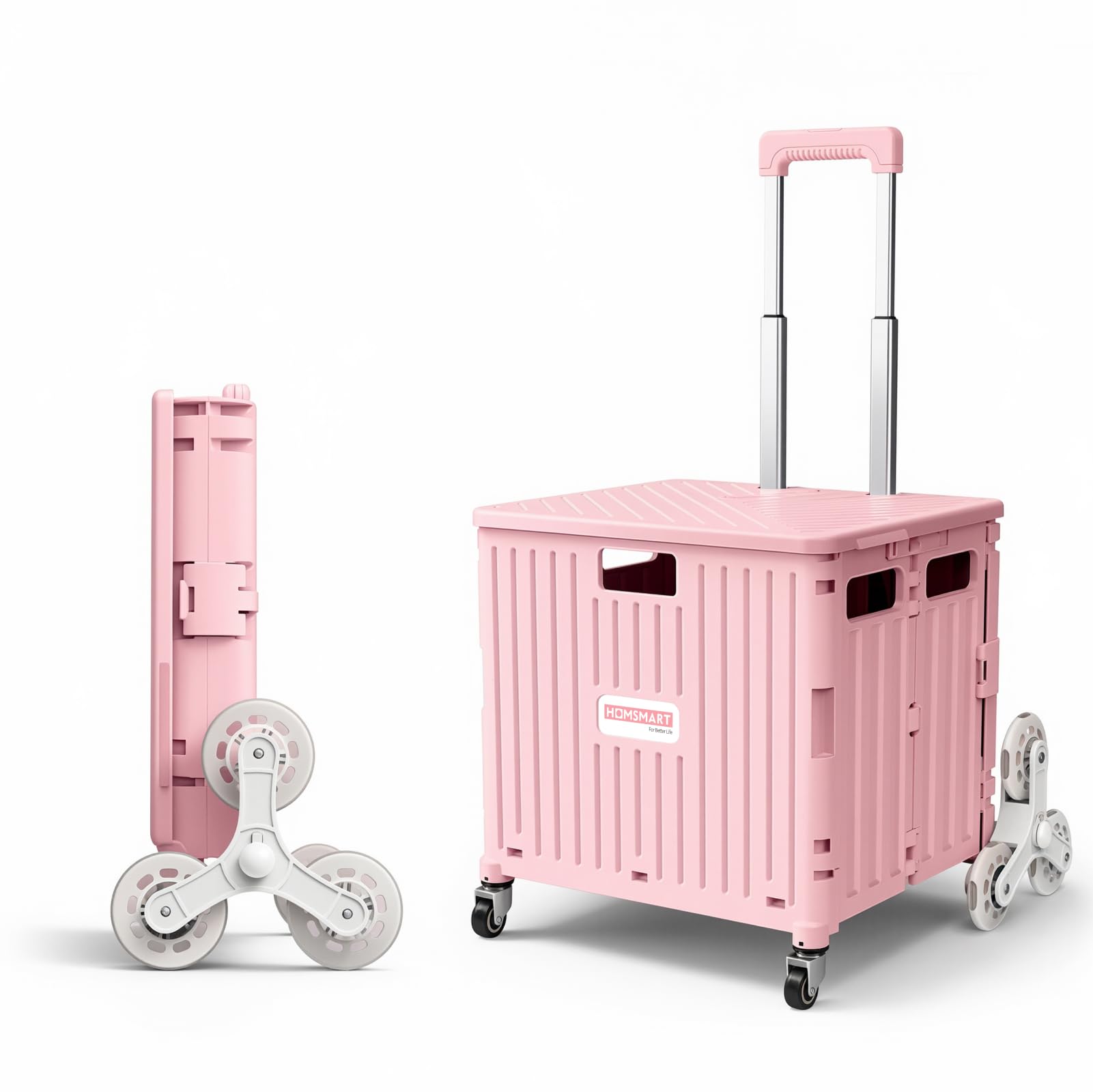 Viviendo 65 L Foldable Shopping Trolley with Stair-Climbing Wheels – Pink