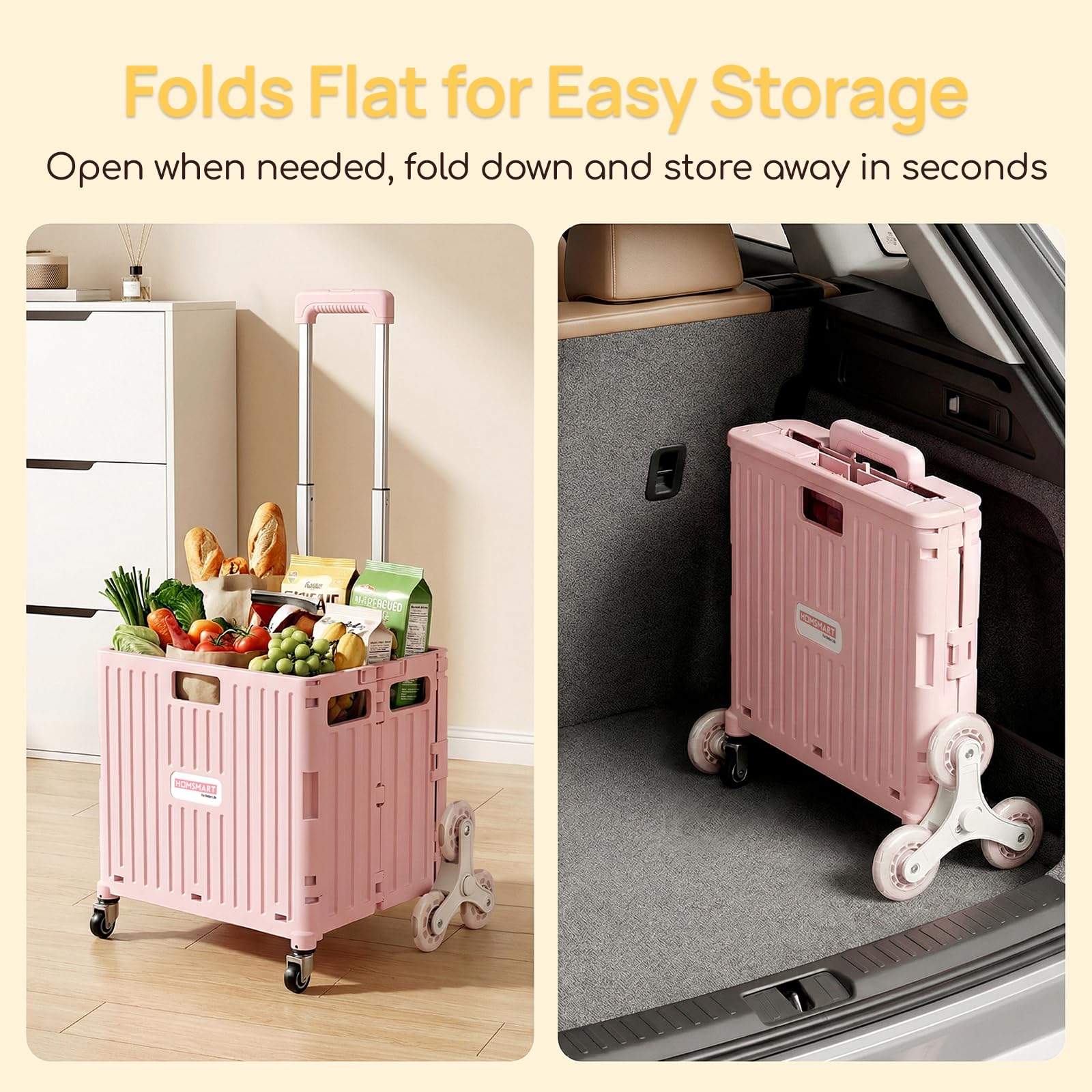 Viviendo 65 L Foldable Shopping Trolley with Stair-Climbing Wheels – Pink, view 3