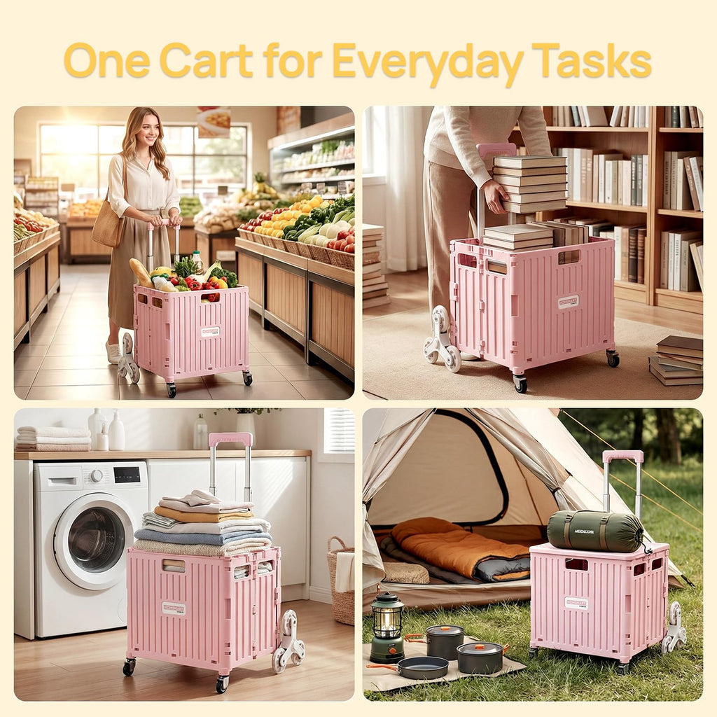 Viviendo 65 L Foldable Shopping Trolley with Stair-Climbing Wheels – Pink, view 7