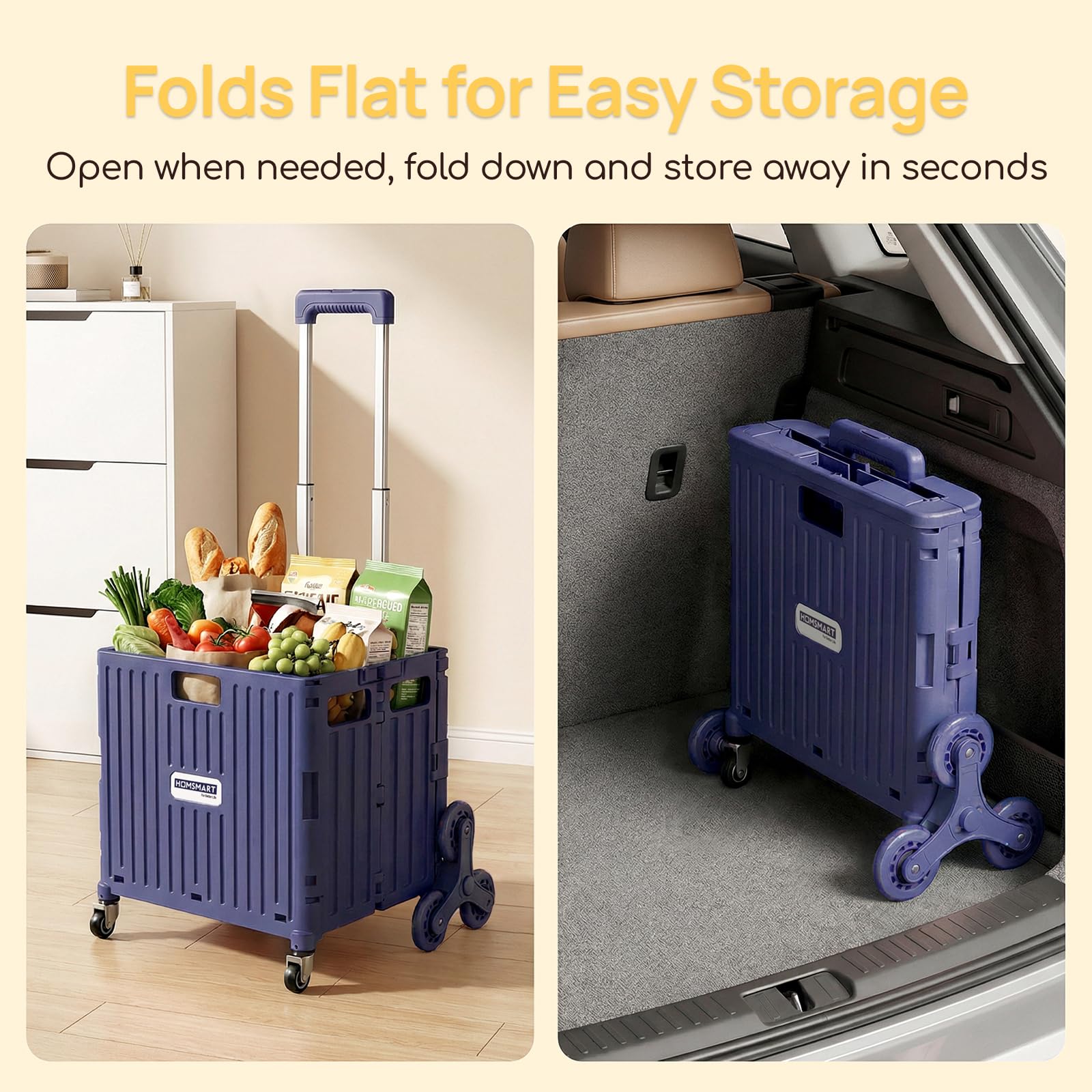 Viviendo 65 L Foldable Shopping Trolley with Stair-Climbing Wheels – Purple, view 3