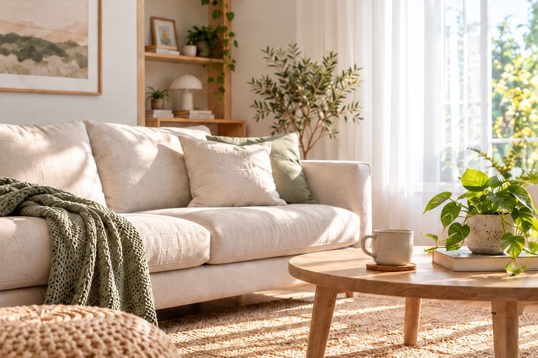 A sunlit living room with a soft sofa, green cushions and a wooden coffee table